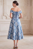 Grijsblauwe A-lijn Off the Shoulder Jacquard Midi Moeder van de Bruid Jurk