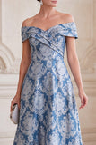 Grijsblauwe A-lijn Off the Shoulder Jacquard Midi Moeder van de Bruid Jurk