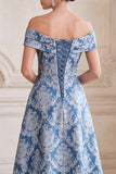 Grijsblauwe A-lijn Off the Shoulder Jacquard Midi Moeder van de Bruid Jurk