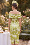 Groene off the shoulder satijnen schede met midi-bedrukte Mother of the Bride jurk met split