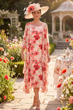 Rode bloem ronde hals 3/4 mouwen midi Mother of the Bride jurk met chiffon overdekking