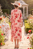 Rode bloem ronde hals 3/4 mouwen midi Mother of the Bride jurk met chiffon overdekking