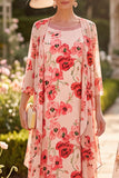 Rode bloem ronde hals 3/4 mouwen midi Mother of the Bride jurk met chiffon overdekking