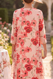 Rode bloem ronde hals 3/4 mouwen midi Mother of the Bride jurk met chiffon overdekking