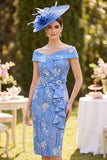 Off the Shoulder blauwe gerimpelde schede midi moeder van de bruid jurk met strasssteenstrik