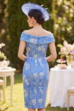 Off the Shoulder blauwe gerimpelde schede midi moeder van de bruid jurk met strasssteenstrik