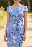 Off the Shoulder blauwe gerimpelde schede midi moeder van de bruid jurk met strasssteenstrik
