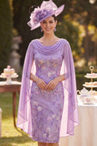 Paarse bloemenborduursel midi Moeder van de Bruid jurk met chiffon cape