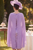 Paarse bloemenborduursel midi Moeder van de Bruid jurk met chiffon cape