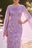 Paarse bloemenborduursel midi Moeder van de Bruid jurk met chiffon cape