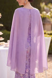 Paarse bloemenborduursel midi Moeder van de Bruid jurk met chiffon cape