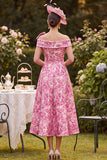 Roze off-the-shoulder A-lijn bloemenjurk met Mother of the Bride jurk en strik