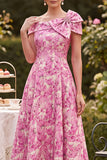 Roze off-the-shoulder A-lijn bloemenjurk met Mother of the Bride jurk en strik