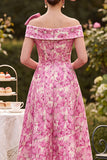 Roze off-the-shoulder A-lijn bloemenjurk met Mother of the Bride jurk en strik