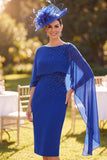 Koninklijk blauwe Bateau-hals met kralenmantel midi Moeder van de Bruid jurk met chiffoncape