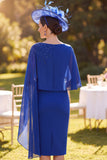 Koninklijk blauwe Bateau-hals met kralenmantel midi Moeder van de Bruid jurk met chiffoncape