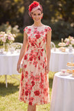 Rode Bateau halsmuts mouwen A-lijn bloemenprint midi Mother of the Bride jurk