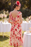 Rode Bateau halsmuts mouwen A-lijn bloemenprint midi Mother of the Bride jurk