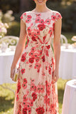 Rode Bateau halsmuts mouwen A-lijn bloemenprint midi Mother of the Bride jurk