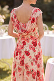 Rode Bateau halsmuts mouwen A-lijn bloemenprint midi Mother of the Bride jurk