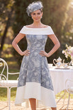 Grijs wit off-the-shoulder hoog, lage A-lijn bloemenprint midi jurk moeder van de bruid