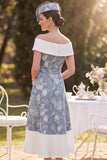 Grijs wit off-the-shoulder hoog, lage A-lijn bloemenprint midi jurk moeder van de bruid