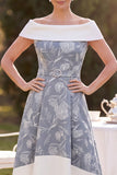 Grijs wit off-the-shoulder hoog, lage A-lijn bloemenprint midi jurk moeder van de bruid