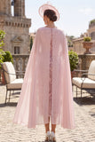Roze pailletten schede cowl neck midi Mother of the Bride jurk met chiffon cape