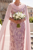 Roze pailletten schede cowl neck midi Mother of the Bride jurk met chiffon cape