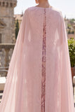 Roze pailletten schede cowl neck midi Mother of the Bride jurk met chiffon cape