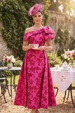 Asymmetrische eenschouder fuchsia gerimpelde A-lijn gedrukte Mother of the Bride jurk