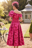 Asymmetrische eenschouder fuchsia gerimpelde A-lijn gedrukte Mother of the Bride jurk