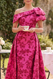 Asymmetrische eenschouder fuchsia gerimpelde A-lijn gedrukte Mother of the Bride jurk