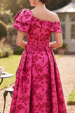 Asymmetrische eenschouder fuchsia gerimpelde A-lijn gedrukte Mother of the Bride jurk