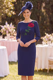 Navy Bateau halsschede 3/4 mouwen applicaties midi Mother of the Bride jurk