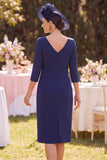 Navy Bateau halsschede 3/4 mouwen applicaties midi Mother of the Bride jurk
