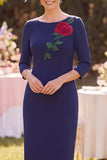 Navy Bateau halsschede 3/4 mouwen applicaties midi Mother of the Bride jurk