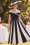 Off the Shoulder Zwart Wit Gerimpelde A-lijn midi Moeder van de Bruid Jurk