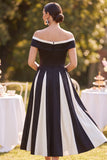Off the Shoulder Zwart Wit Gerimpelde A-lijn midi Moeder van de Bruid Jurk