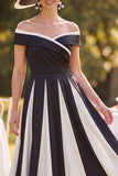 Off the Shoulder Zwart Wit Gerimpelde A-lijn midi Moeder van de Bruid Jurk