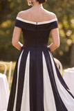 Off the Shoulder Zwart Wit Gerimpelde A-lijn midi Moeder van de Bruid Jurk