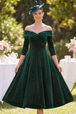 Donkergroene off-the-shoulder 3/4 mouwen A-lijn Mother of the Bride jurk met kralen