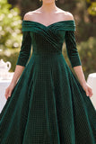 Donkergroene off-the-shoulder 3/4 mouwen A-lijn Mother of the Bride jurk met kralen