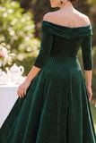 Donkergroene off-the-shoulder 3/4 mouwen A-lijn Mother of the Bride jurk met kralen