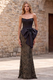 Zwarte strapless zeemeermin korset pailletten lange galajurk met oversized satijnen strik