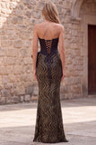 Zwarte strapless zeemeermin korset pailletten lange galajurk met oversized satijnen strik