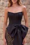 Zwarte strapless zeemeermin korset pailletten lange galajurk met oversized satijnen strik