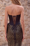 Zwarte strapless zeemeermin korset pailletten lange galajurk met oversized satijnen strik