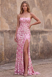 Glinsterende roze pailletten strapless zeemeermin lange galajurk met split
