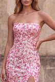 Glinsterende roze pailletten strapless zeemeermin lange galajurk met split